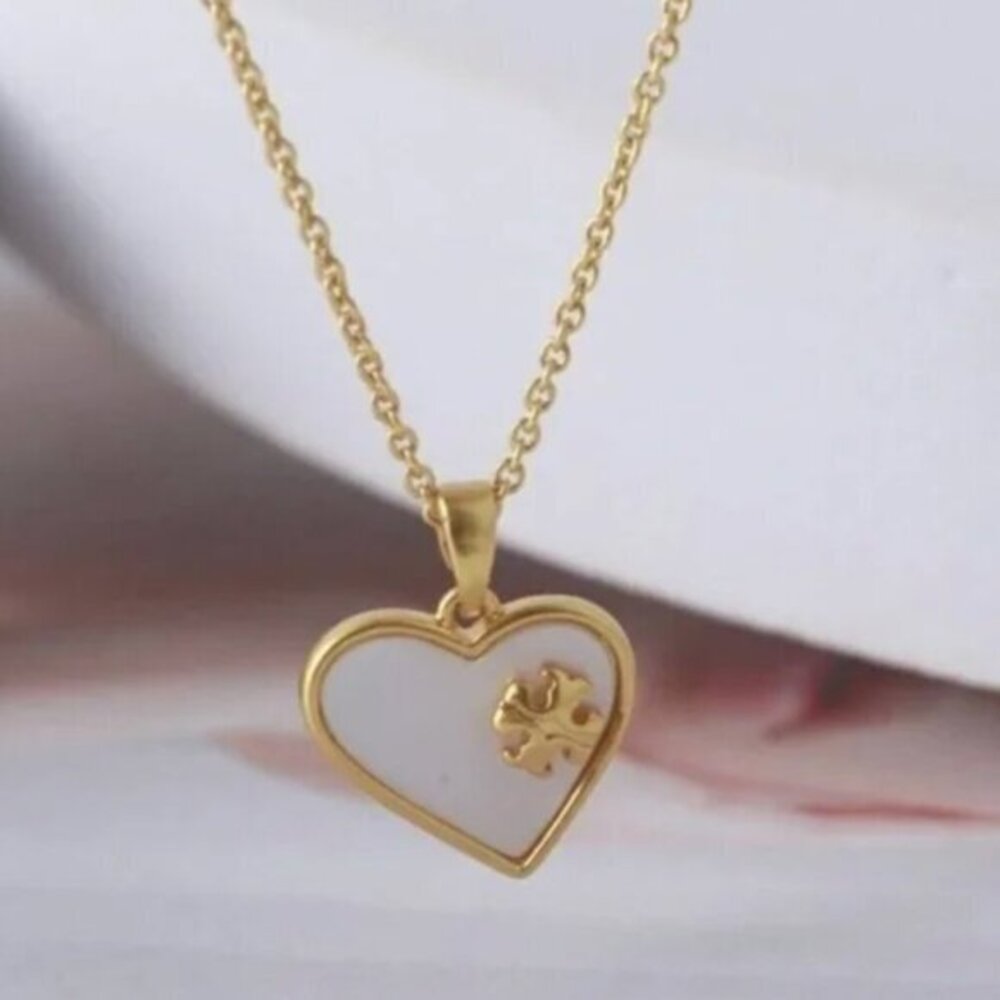 Tory Burch KIRA Heart Mother of Pearl Chain Necklace NWT